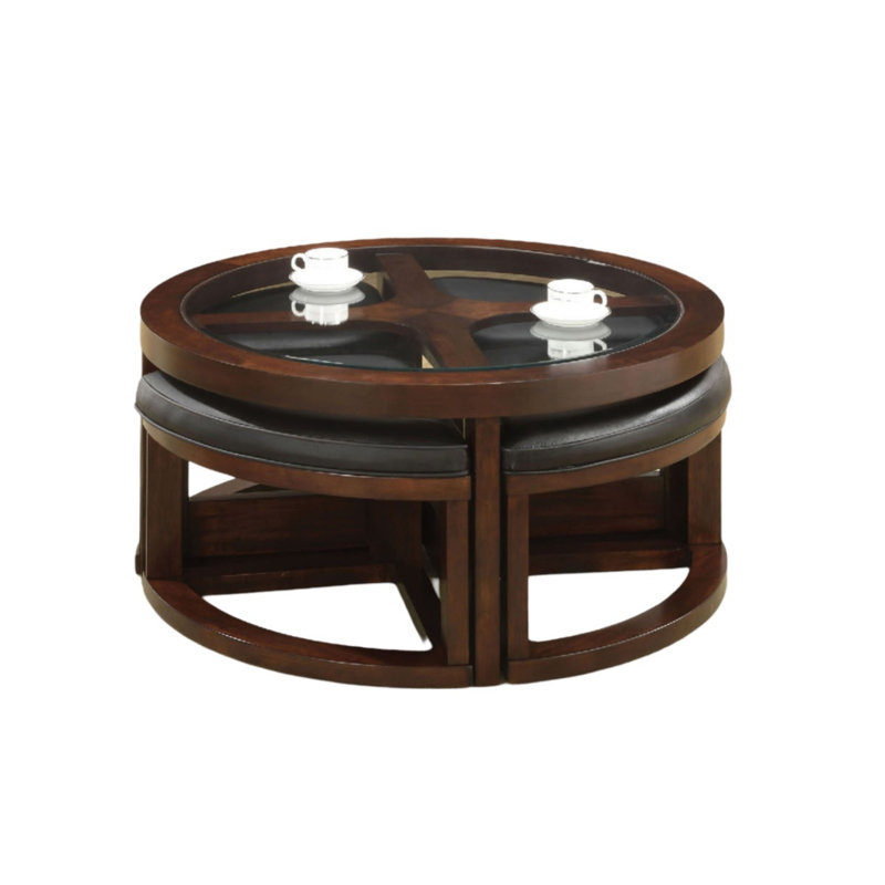 Hokku Designs Dark Walnut Coffee Table Glass Insert Top Ottoman
